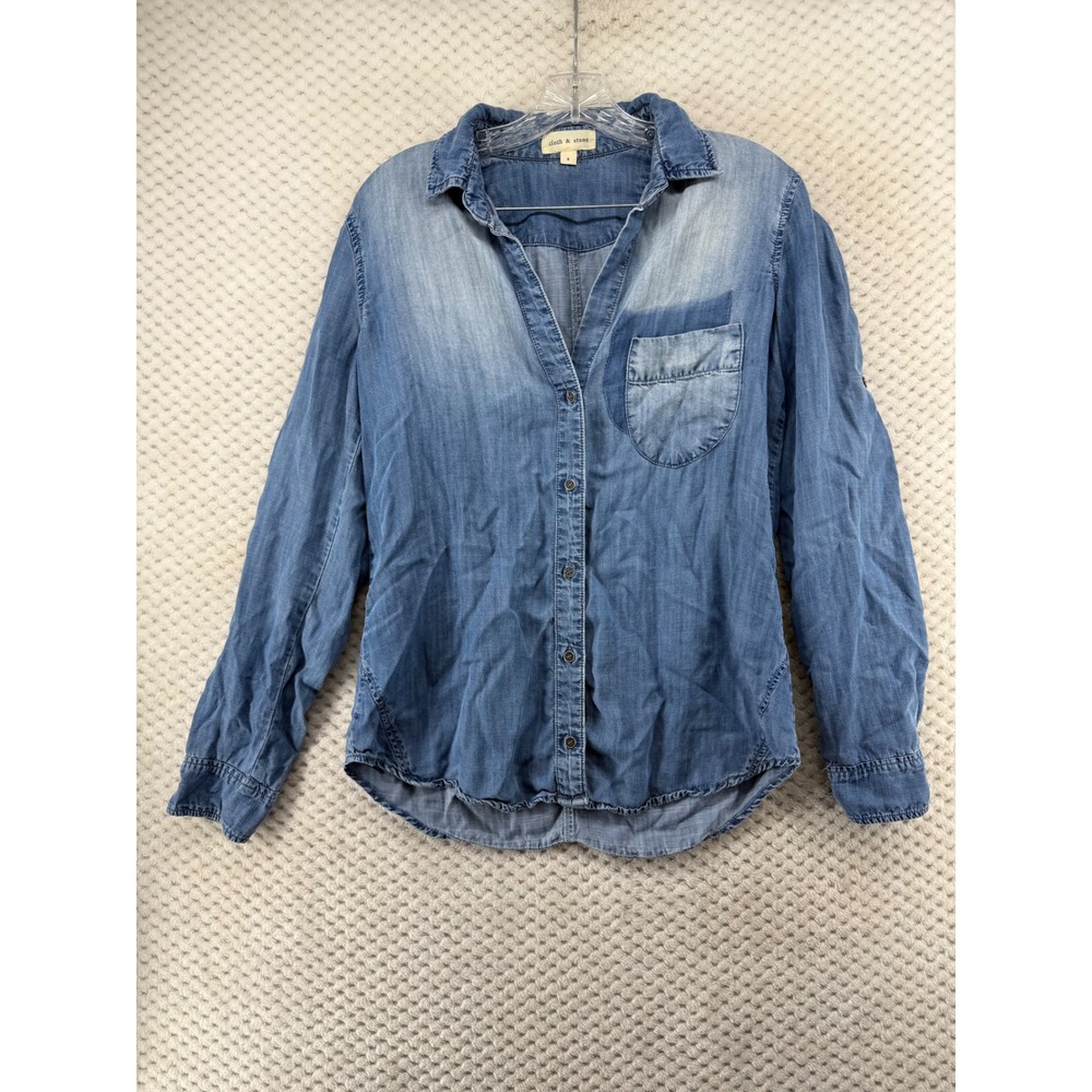 Cloth & Stone Button Down Shirt Women Small Blue Tencel Roll Tab Sleeve Chambray - Picture 2 of 8